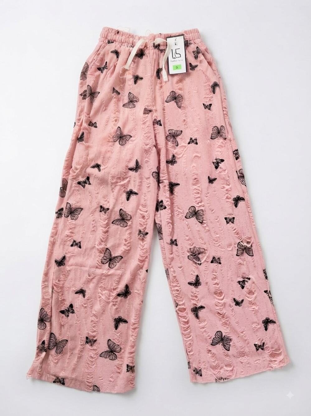 Lylyshop Womens Size S Pink Butterfly Glitter Y2K Distressed Wide Leg  Pants NWT